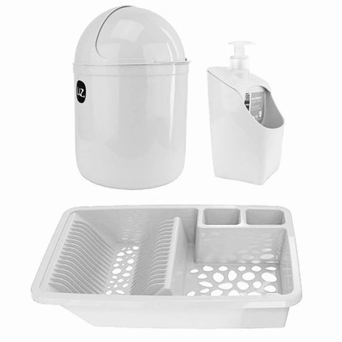 Kit Cozinha Escorredor Louça Porta Detergente Lixeira Pia 4L UZ Branco