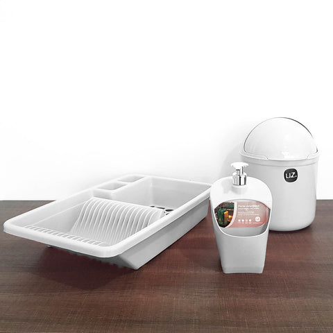 Kit Cozinha Escorredor Louça Porta Detergente Lixeira Pia 4L UZ Branco