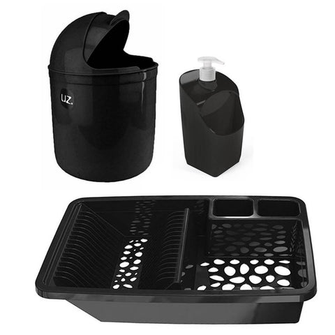 Kit Cozinha Escorredor Louça Porta Detergente Lixeira Pia 4L UZ Preto