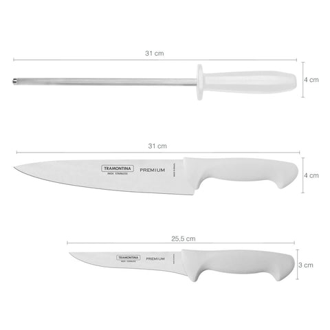Jogo De Facas Tramontina Premium Inox 3 Pçs 5' E 8' Chaira Branco