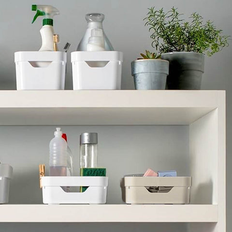 Conjunto 8 Caixas Organizadoras Cube Média 10,5L Plástico com Alças Laterais OU Bege