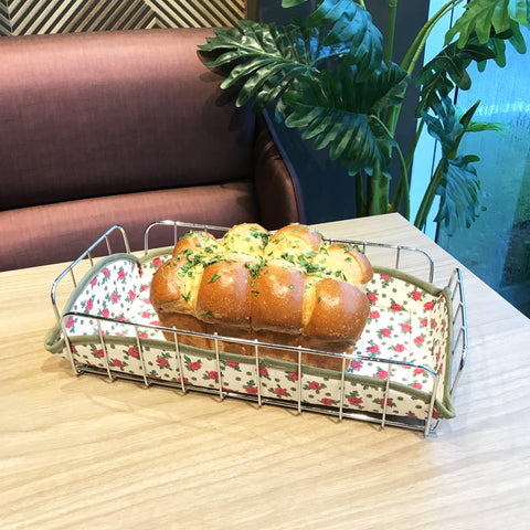 Cesta Para Servir Pães Retangular Bolacha Doces Mesa Aço Cromado Tecido