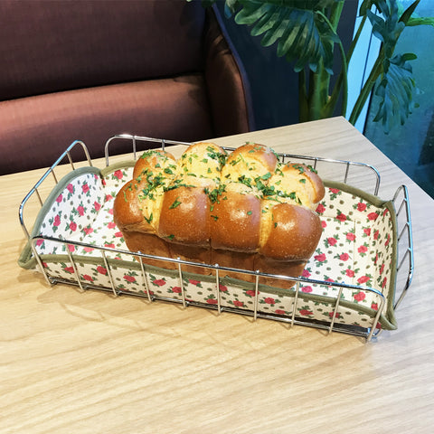 Cesta Para Servir Pães Retangular Bolacha Doces Mesa Aço Cromado Tecido