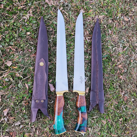 Faca Artesanal 12' Para Churrasco Cabo Híbrido Madeira e Resina Verde Aço Inox Cirúrgico 420c