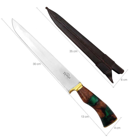 Faca Artesanal 12' Para Churrasco Cabo Híbrido Madeira e Resina Verde Aço Inox Cirúrgico 420c