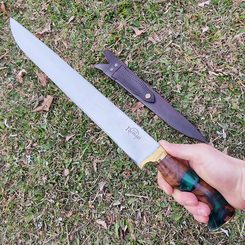 Faca Artesanal 12' Para Churrasco Cabo Híbrido Madeira e Resina Verde Aço Inox Cirúrgico 420c