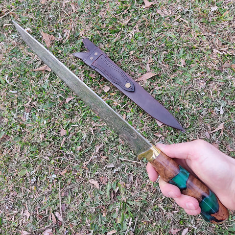 Faca Artesanal 12' Para Churrasco Cabo Híbrido Madeira e Resina Verde Aço Inox Cirúrgico 420c