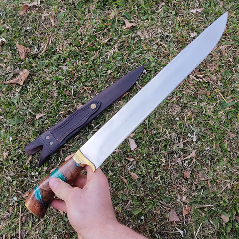 Faca Artesanal 12' Para Churrasco Cabo Híbrido Madeira e Resina Verde Aço Inox Cirúrgico 420c
