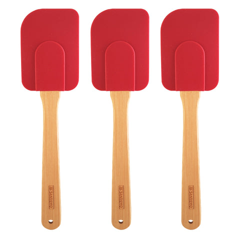 Kit 3 Espátulas Retas Silicone e Cabo Bambu Utensílios Cozinha Vermelho