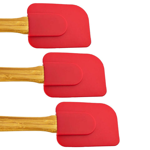 Kit 3 Espátulas Retas Silicone e Cabo Bambu Utensílios Cozinha Vermelho