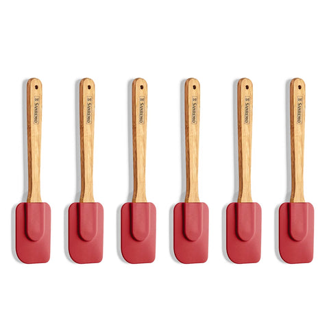 Kit 6 Espátulas Retas Silicone e Cabo Bambu Utensílios Cozinha Vermelho