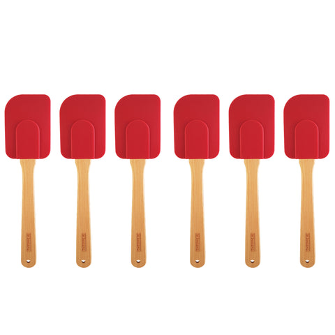 Kit 6 Espátulas Retas Silicone e Cabo Bambu Utensílios Cozinha Vermelho