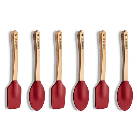 Conjunto com 6 Espátulas em Bambu e Silicone Utensílios Cozinha Vermelho