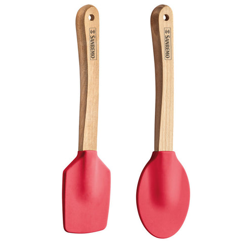 Conjunto com 6 Espátulas em Bambu e Silicone Utensílios Cozinha Vermelho