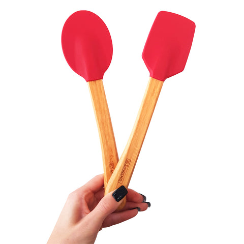 Conjunto com 6 Espátulas em Bambu e Silicone Utensílios Cozinha Vermelho