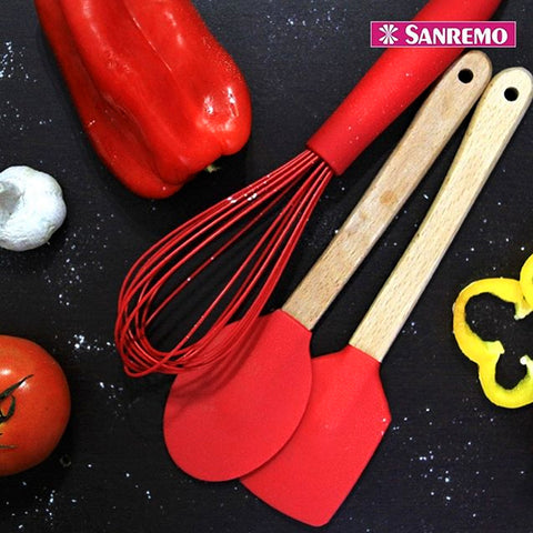 Conjunto com 6 Espátulas em Bambu e Silicone Utensílios Cozinha Vermelho