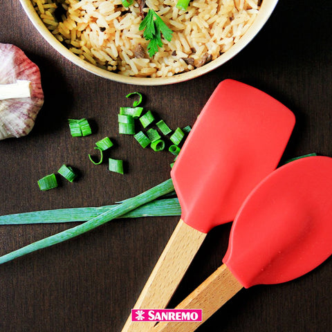 Conjunto com 6 Espátulas em Bambu e Silicone Utensílios Cozinha Vermelho