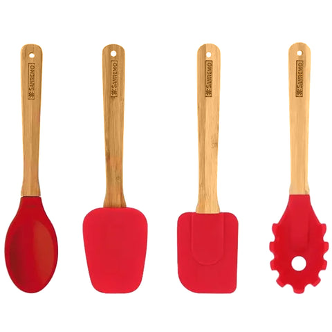 Conjunto 4 Talheres De Silicone Cabo De Bambu Utensílios Cozinha Vermelho