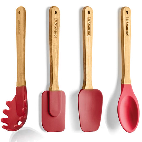 Conjunto 4 Talheres De Silicone Cabo De Bambu Utensílios Cozinha Vermelho