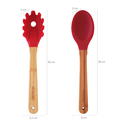 Conjunto 4 Talheres De Silicone Cabo De Bambu Utensílios Cozinha Vermelho