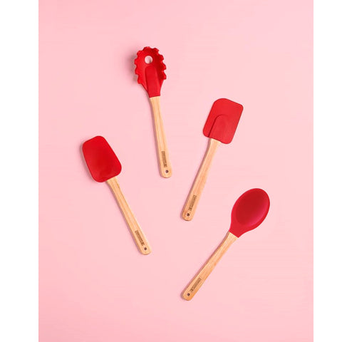 Conjunto 4 Talheres De Silicone Cabo De Bambu Utensílios Cozinha Vermelho