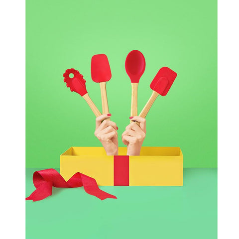 Conjunto 4 Talheres De Silicone Cabo De Bambu Utensílios Cozinha Vermelho