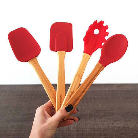 Conjunto 4 Talheres De Silicone Cabo De Bambu Utensílios Cozinha Vermelho