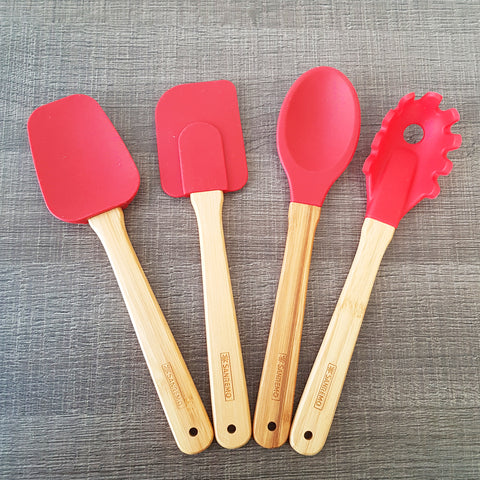 Conjunto 4 Talheres De Silicone Cabo De Bambu Utensílios Cozinha Vermelho