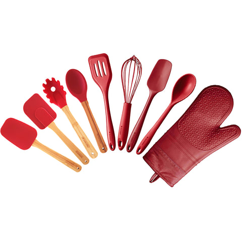 Jogo de Utensílios 9 Peças Talheres de Silicone com Cabo de Bambu e Luva Térmica