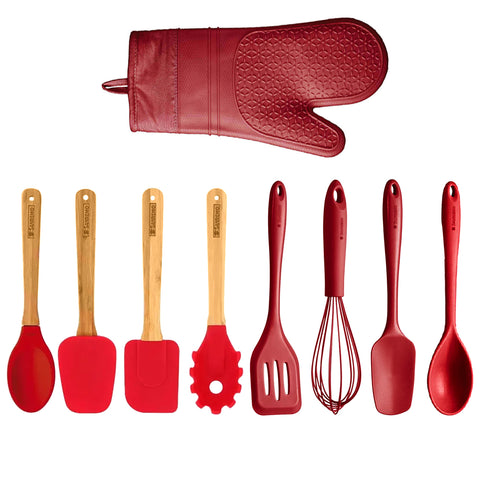 Jogo de Utensílios 9 Peças Talheres de Silicone com Cabo de Bambu e Luva Térmica