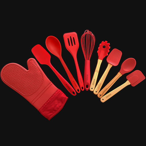 Jogo de Utensílios 9 Peças Talheres de Silicone com Cabo de Bambu e Luva Térmica