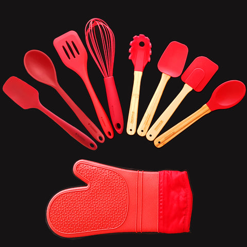 Jogo de Utensílios 9 Peças Talheres de Silicone com Cabo de Bambu e Luva Térmica