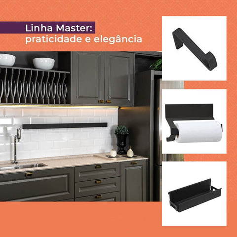 Kit Suportes Organizadores Barra 60cm Porta Papel Toalha Gancho Multiuso e Porta Condimentos De Cozinha Grafite