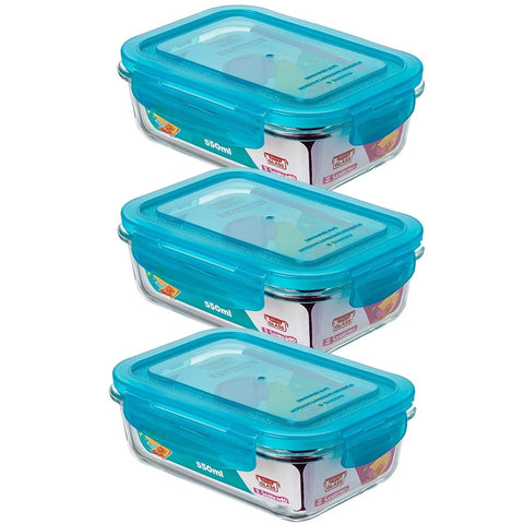 Kit 3 Potes Herméticos Retangulares De Vidro 550ml Tampa Azul Sanremo