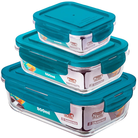 Kit 3 Potes Herméticos Retangulares Marmitas De Vidro 330ml 550ml 800ml Sanremo