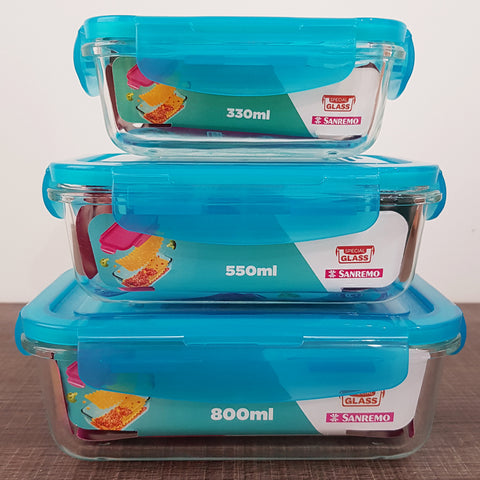 Kit 3 Potes Herméticos Retangulares Marmitas De Vidro 330ml 550ml 800ml Sanremo