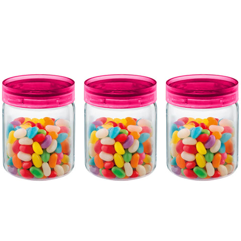 Kit 3 Potes Herméticos de Vidro Porta Mantimentos Cozinha 650ml Com Tampa Rosa
