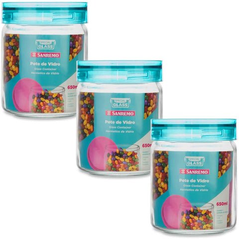 Kit 3 Potes Herméticos de Vidro Porta Mantimentos Cozinha 650ml Com Tampa Azul