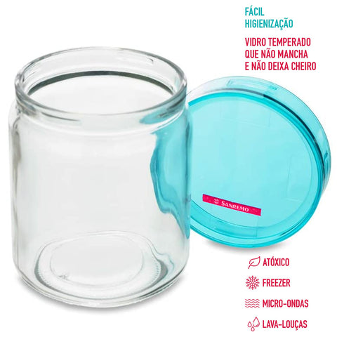 Kit 3 Potes Herméticos de Vidro Porta Mantimentos Cozinha 650ml Com Tampa Azul
