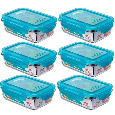 Jogo 6 Potes de Vidro Herméticos Marmitas Retangulares 550ml Sanremo Tampa Azul