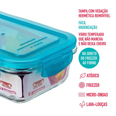 Jogo 6 Potes de Vidro Herméticos Marmitas Retangulares 550ml Sanremo Tampa Azul