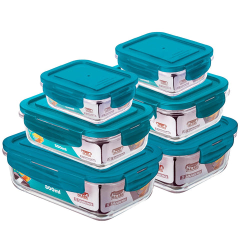 Kit 6 Potes Herméticos Marmitas De Vidro 330ml 550ml E 800ml Com Tampa Azul