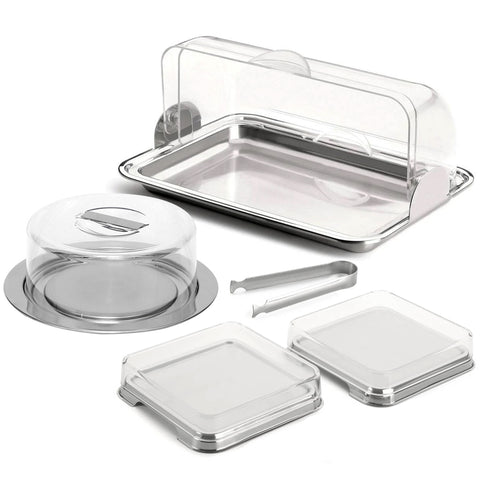 Kit Porta Pão Porta Frios e Porta Bolo Aço Inox Tampas Transparentes Vision Forma