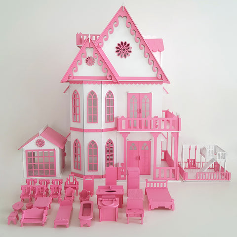 Brinquedo Casinha De Mini Boneca Rosa MDF 4 Andares Parquinho 24 Móveis Casa Sulartes