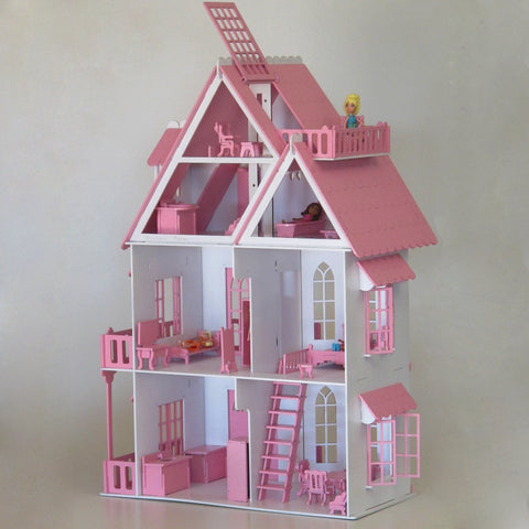 Brinquedo Casinha De Mini Boneca Rosa MDF 4 Andares Parquinho 24 Móveis Casa Sulartes