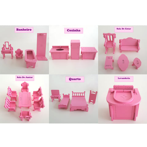 Brinquedo Casinha De Mini Boneca Rosa MDF 4 Andares Parquinho 24 Móveis Casa Sulartes