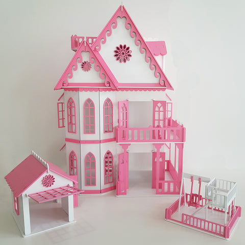 Brinquedo Casinha De Mini Boneca Rosa MDF 4 Andares Parquinho 24 Móveis Casa Sulartes