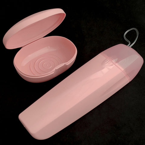 Kit Saboneteira e Estojo Porta Escovas Creme Dental Bolsa Mala Viagem Rosa Quartzo