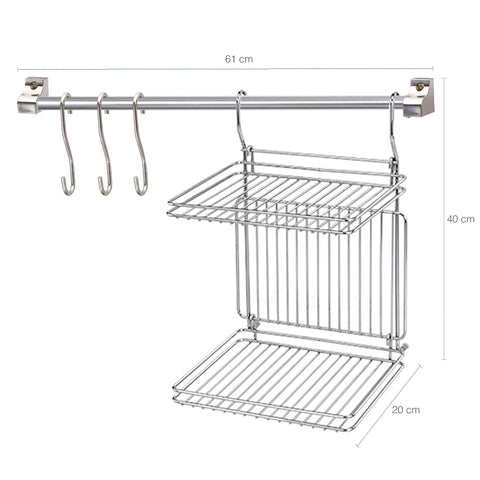 Kit Organizador Suspenso Para Utensílios Cozinha Barra 61cm Escorredor De Louças E Ganchos