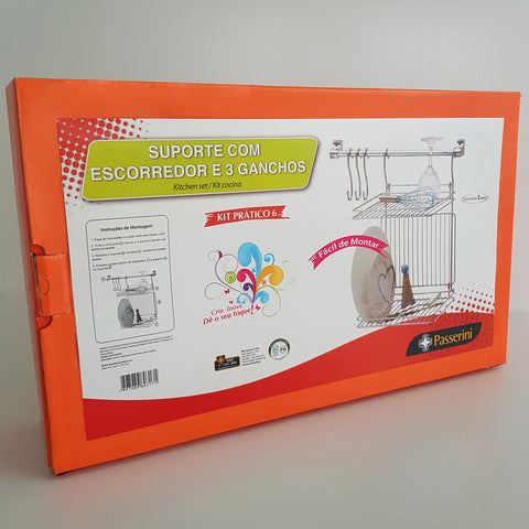 Kit Organizador Suspenso Para Utensílios Cozinha Barra 61cm Escorredor De Louças E Ganchos